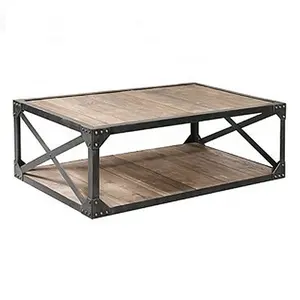 HL408 Massivholz schwarz rechteckig industriell schmiedeeisenrahmen holz Mitte Tee Kaffee-Tisch mit Ablage für das Wohnzimmer