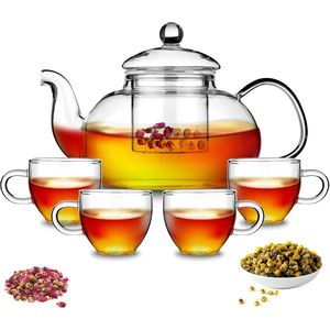 Teiera in Vetro con 4 Tazze e Infusore Rimovibile, Adatta per Microonde e Fornello, Set per Preparare Tè Sfuso - Product Image 1