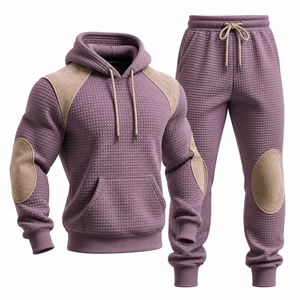 Ensemble de survêtement matelassé violet pour homme avec empiècements beiges, manches longues, tenue décontractée d'automne, pantalon uni à cordon de serrage - Product Image 1