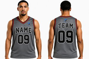 Maillot de basket-ball gris personnalisé pour hommes, col en v, sans manches, impression sublimée, nom numéro 09, coupe régulière, évacuation de l'humidité, 100% - Product Image 6