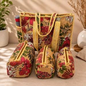 Juego de Bolsas de Almacenamiento Dobles de Acero Inoxidable con Estampado Floral Bohemio, 100% Algodón, Ecológicas, Plegables, Ajustables, Portátiles, de 4 Piezas - Product Image 1