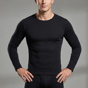 <b>Men's</b> Black Long Sleeve <b>Thermal</b> Underwear <b>Set</b> Breathable Solid Knitted Base Layer Top and Bottoms - Product Image 5