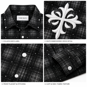 Chemise en flanelle à carreaux brodée style streetwear pour hommes et femmes, coupe oversize vintage en coton noir et gris, manches longues, style gothique décontracté - Product Image 4