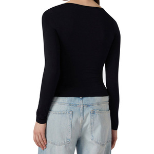 Women's <b>Black</b> Square Collar <b>Long</b> <b>Sleeve</b> <b>Crop</b> <b>Top</b> Slim Fit Knitted Solid Color Minimalist Style All Seasons Wear - Product Image 2