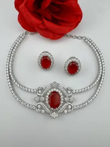 Ensemble de colliers statement en pierres doubles et diamants CZ, collier ras du cou plaqué or blanc, produit artisanal en gros - Product Image 2