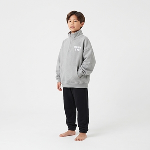 Unisex Gray Half-Zip Fleece Sweatshirt With Front Pockets And Hawk Eye Logo Relaxed Fit Leisure Top Winter Wear For <b>Kids</b> - Product Image 3