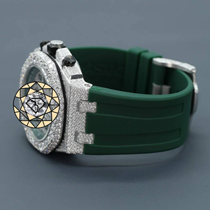 Montre chronographe de luxe Fashion Square Moissanite Quartz Iced US Hip Hop en acier inoxydable avec bracelet en caoutchouc et cristaux, personnalisable - Product Image 3