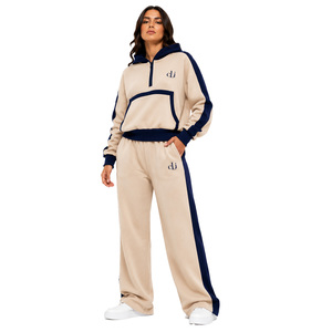 Ensemble de survêtement OEM pour femme, beige et bleu, avec sweat à capuche zippé, poches et pantalon à bandes contrastantes, logo personnalisé, coupe décontractée - Product Image 1