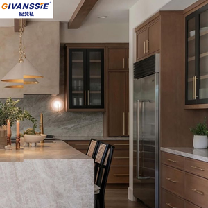 Armoire de cuisine moderne en bois bicolore de luxe, écologique, sur mesure, finition noyer chaud américain, cadre noir, portes en verre cannelé - Product Image 5