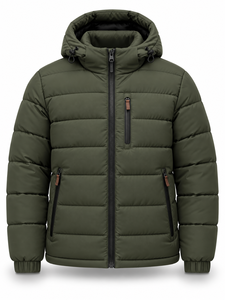 Veste matelassée à capuche pour homme, vert olive, rembourrage en polyester, imperméable, séchage rapide, coupe-vent, fermeture éclair, décontractée, hiver, logo personnalisé - Product Image 1