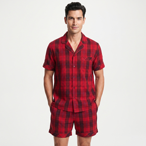Conjunto de Pijama a Cuadros para Hombre, Camisa de Manga Corta y Pantalones Cortos, 100% Algodón Franela, Camisa con Bolsillo y Pantalones Cortos a Cuadros, Dos Piezas - Product Image 4
