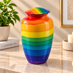 Urne en métal à rayures arc-en-ciel avec couvercle coloré, pour cendres de crémation, souvenir commémoratif, conteneur pour hommage funéraire - Product Image 1