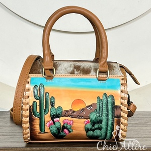 Luxury New Arrival 7.5" Speedy Duffle Bag Hand Painted Desert Cactus Cowhide <b>Leather</b> Boutique Duffle Purse Travel Tote for Women - Product Image 1