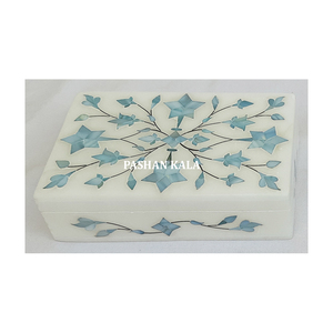 Joyero más hermoso, incrustaciones de mármol blanco hechas a mano con forma Rectangular de nácar azul para fines de regalo de negocios - Product Image 4