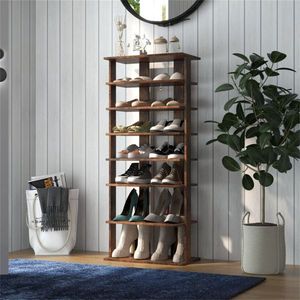 7 Tier <b>Rustic</b> Brown Shoe Rack Double Row with Adjustable <b>Shelves</b> Anti-Tipping Narrow Storage Rack for Entryway Closets - Product Image 2