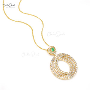 1.70CTW Round Cut White Diamond Statement <b>Pendant</b> 14K <b>Solid</b> <b>Gold</b> Natural Emerald Dangling <b>Pendant</b> Prong Set Jewelry Gift For Her - Product Image 4