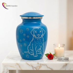 Latest Decorative Glossy Sky Blue Pet Urn <b>Dog</b> & Paw Print Design <b>Memorial</b> Jar Premium Metal Cremation Urn for Ashes High Quality - Product Image 2
