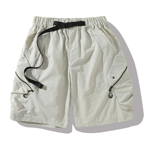 Shorts cargo noirs pour hommes, taille élastique, séchage rapide, fermetures éclair, style décontracté, longueur bermuda, couleur unie, tissu tissé - Product Image 2