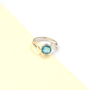 Blue Topaz <b>Statement</b> <b>Ring</b> for Women 8mm Round Cut Brass Silver Plated <b>Ring</b> Minimalist Boho Handmade Jewelry - Product Image 5