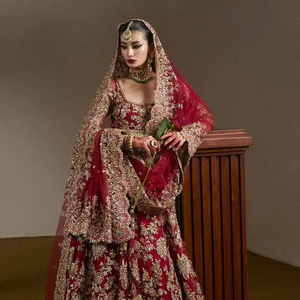 Premium Pakistani Bridle Dress Emerald Green And Antique Gold Heavy Embellished Long Bridal Pishwas With Banarsi Jamawar - Product Image 1