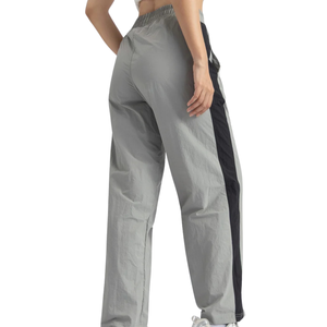 Pantalon large pour femme, gris uni, avec bande latérale, taille élastique, coupe ample, longueur complète, décontracté, en tissu Oxford - Product Image 2