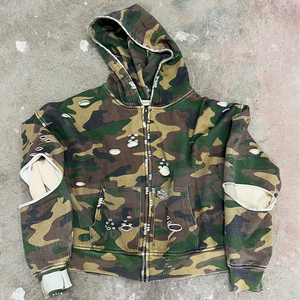 Wholesale Double Layer Washed Camo French Terry Sweatshirts for <b>Men</b> Distressed Cropped Boxy <b>Zip</b> <b>up</b> Camouflage Print Hoodie Homme - Product Image 1