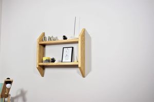 Étagère murale en bois de chêne massif à deux niveaux, style rustique du milieu du siècle, étagère de présentation suspendue - Product Image 5