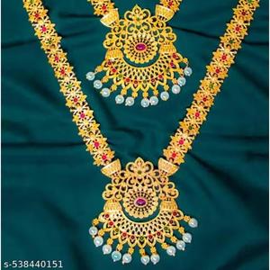 Ensemble de bijoux plaqué or, collier long et court de style temple indien du Sud, boucles d'oreilles Jumkha et ensemble de bijoux traditionnels antiques lourds - Product Image 2