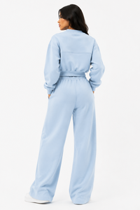 Wholesale Ladies Powder Blue <b>Two</b> <b>Piece</b> <b>Lounge</b> <b>Set</b> with Crop Zip Sweat Jacket Elastic Waist Wide Trousers Private Label Apparel - Product Image 2