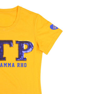T-shirt décontracté SGRho en coton 100% avec patch à sequins dorés et lettres grecques brodées bleues, pour la sororité Sigma Gamma Rho, collection Greek Life Apparel - Product Image 4