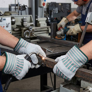Guantes de trabajo de cuero vacuno duradero para trabajos pesados en construcción e industria, con forro de lana en el interior y puño reforzado con goma. - Product Image 4