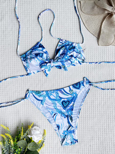 Conjunto de bikini con cordones para mujer, traje de baño de dos piezas, top acolchado push-up, parte inferior de cintura alta con lazo ajustable en el lateral - Product Image 6