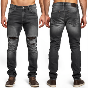Luxury Men's Grey Stone Washed Denim Pants Featuring Heavyweight Cotton Fabric with Distressed Modern Casual Fashion Styling - Product Image 4