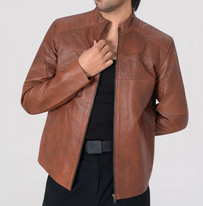 Veste moto en cuir véritable marron pour homme, col montant, fermeture éclair, coupe ajustée, pour l'automne - Product Image 4