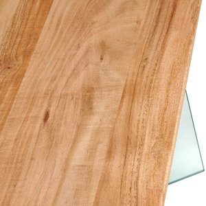 Table de salle à manger de luxe en verre trempé, design élégant, pieds en forme de A, plateau carré en bois d'acacia massif finition naturelle, pour maison, cuisine ou restaurant. - Product Image 5