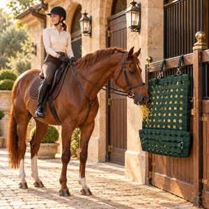 Bolsa de Heno para Caballos de Nailon Tejido Verde con Correas Ajustables para Colgar |   Soporte para Heno de Establos Ecuestres con Rejilla de Alimentación de Malla Abierta - Product Image 3