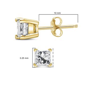 Orecchini a perno con diamante solitario taglio Princess in oro giallo 14k certificati IGI, montatura a 4 griffe, colore L-M, purezza I1-I2 - Product Image 4