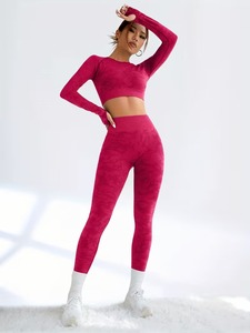 Seamless Two Piece Fitness Outfit Thumbhole Performance Shirt and High Rise Ruched <b>Booty</b> Lifting Compression Workout Tights - Product Image 1