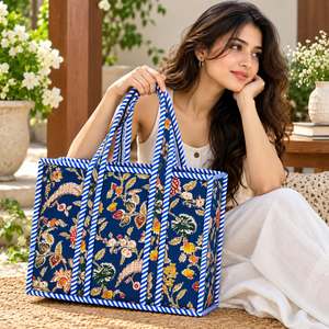 Bolsa de Mano de Algodón con Diseño Floral Bohemio, Ribete Azul a Rayas, Estilo Abierto, para Compras, Apta para Todas las Temporadas - Product Image 2
