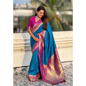 Elite Weaves Blue Silk Saree with Paithani Pallu Kadiyal Zari Woven Elegant <b>Club</b> <b>Dresses</b> 0.65g - Product Image 1