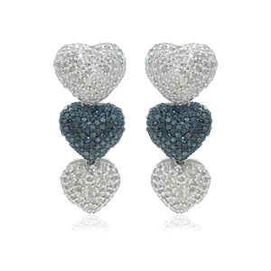 Pendientes de Plata de Ley 925 con Tres Corazones y Diamantes Naturales Blancos y Azules Mejorados de Corte Redondo de 2.08 Cttw para Mujer, G-H - Product Image 1