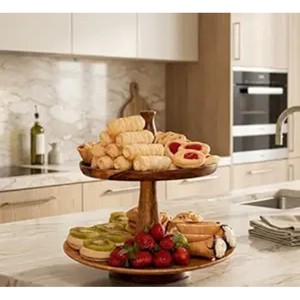 Soporte para Pastel de 2 Niveles de Madera de Mango Blanqueada al por Mayor |   Exhibidor de Estilo Rústico - Product Image 1