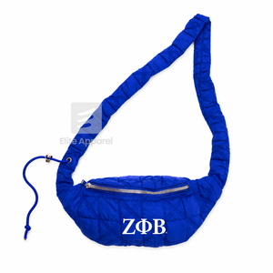 Bolso de cintura personalizado de la hermandad Zeta Phi Beta, azul y blanco, estilo casual, con logo bordado y cierre de cremallera para ropa griega femenina. - Product Image 1