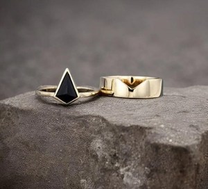 Black Onyx Ring Kite Shape Ring Set Of 2PCS 925 Sterling <b>Silver</b> 14K Gold Plated Wedding Engagement Ring - Product Image 3