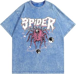 T-shirt en jean surdimensionné pour homme à imprimé araignée, manches courtes, col rond, style streetwear, en coton, avec motif graphique - Product Image 1