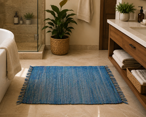Tapete Tejido a Mano, Abstracto, Geométrico, Azul, Rectangular, de Fibra Vegetal, Estilo Bohemio, Decoración Interior, con Flecos - Product Image 3