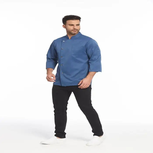 Veste de chef en denim professionnelle de dernière génération pour hommes, manches courtes, fermeture à boutons, uniforme de restaurant et de bar, bleu - Product Image 5
