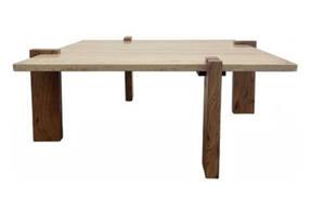 Mesa de Centro de Travertino Rectangular con Tapa de Piedra y Pedestal de Madera para Sala de Estar - Product Image 3
