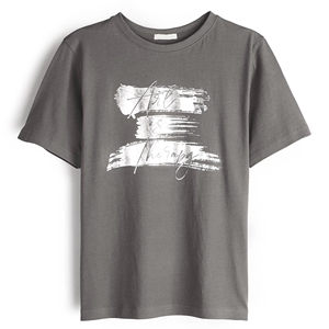 T-shirt à manches courtes et col rond gris pour femme avec imprimé Art Is Therapy, coupe décontractée, tissu jersey 100% coton - Product Image 3