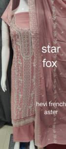 "Elégant costume étoile georgette non cousu avec pierres Zarkan, travail de séquence, Dupatta lourd et intérieur et bas français" - Product Image 3